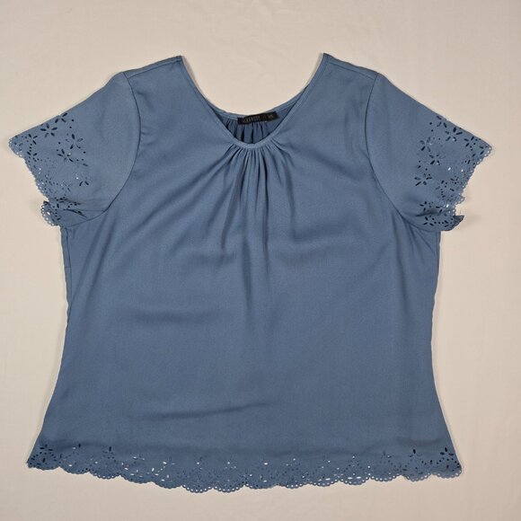 Mikarose Blue Eyelet Hem Short Sleeve Blouse Women’s XXL Modest Feminine Top - Picture 3 of 12